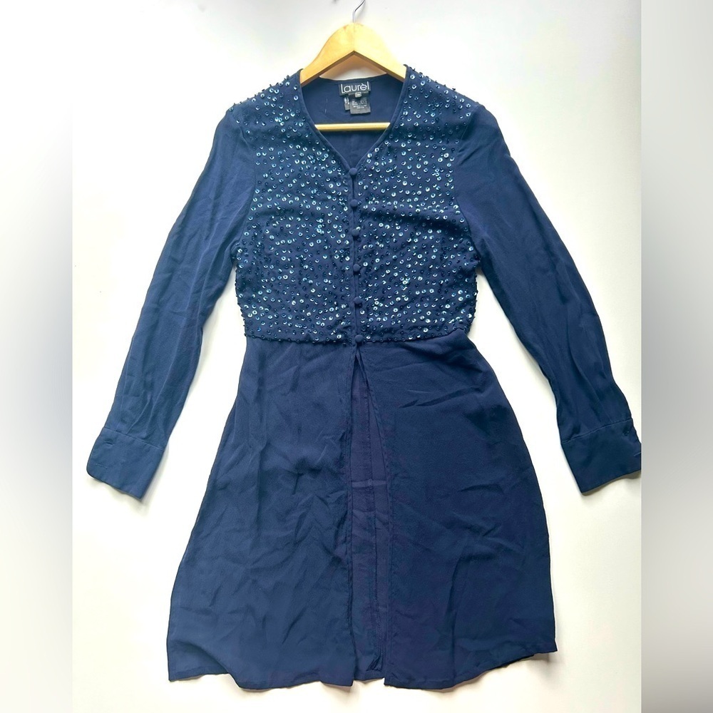 Laurel 100% silk top sequins tunic flowy  navy blue size 38